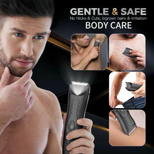 Cordless waterproof body trimmer designed for convenient wet or dry personal grooming.