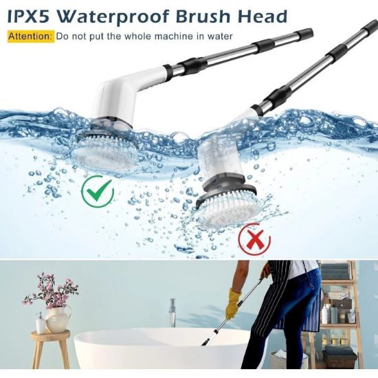 Electric spin scrubber kit with extension handle, brush heads, and USB cable