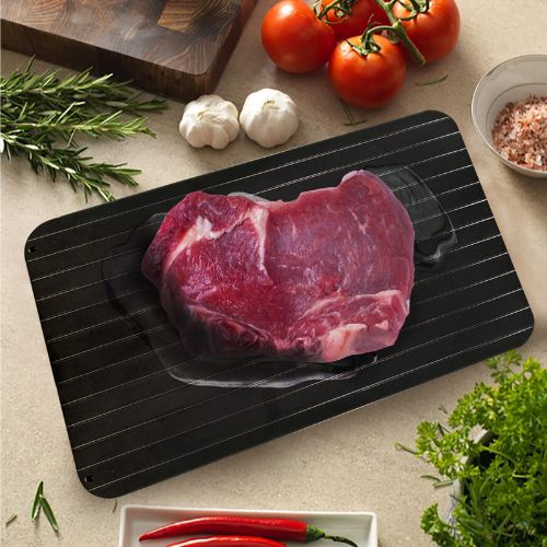 Fast thawing plate for steak, chicken, fish, and frozen foods, making meal preparation quicker and more convenient.