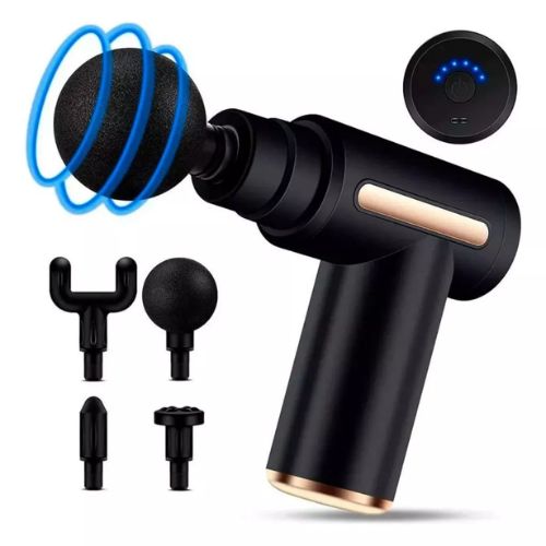 Portable gym massage gun for use before or after workouts, with interchangeable heads and cordless operation.