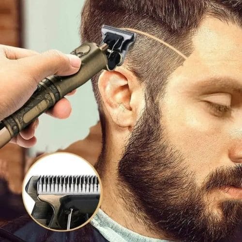 Rechargeable hair and beard trimmer with a compact design for convenient cordless grooming.
