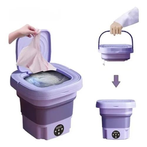 Travel-friendly foldable washing machine with a space-saving design for convenient portable laundry care.