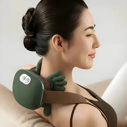 4D heated neck and shoulder massager with rechargeable battery and ergonomic wearable design.