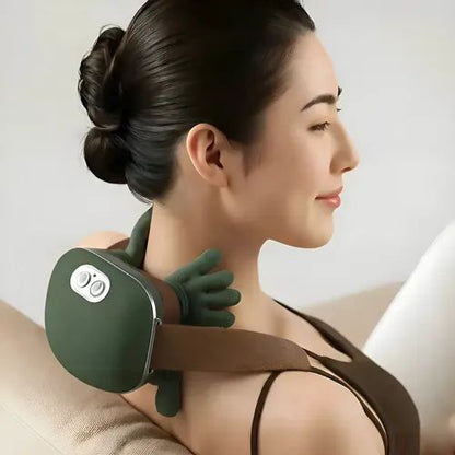 4D heated neck and shoulder massager with rechargeable battery and ergonomic wearable design.