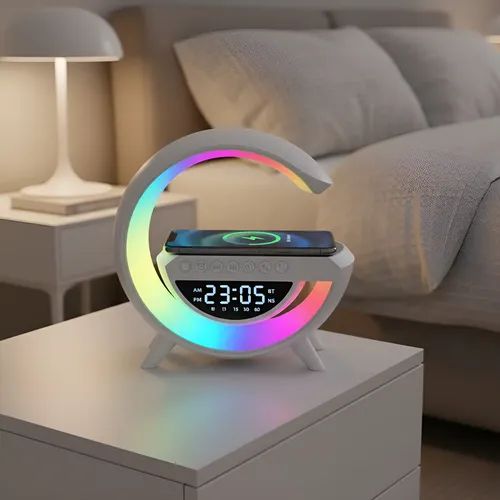 5-in-1 Bluetooth speaker lamp combining smart lighting, wireless charging, digital clock, and alarm clock.