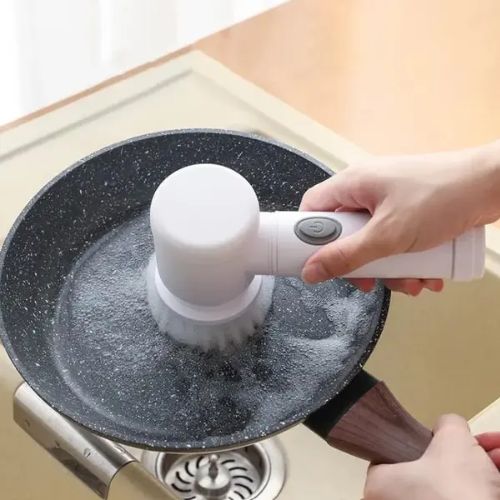 5-in-1 electric cleaning brush with interchangeable heads for versatile household cleaning tasks.
