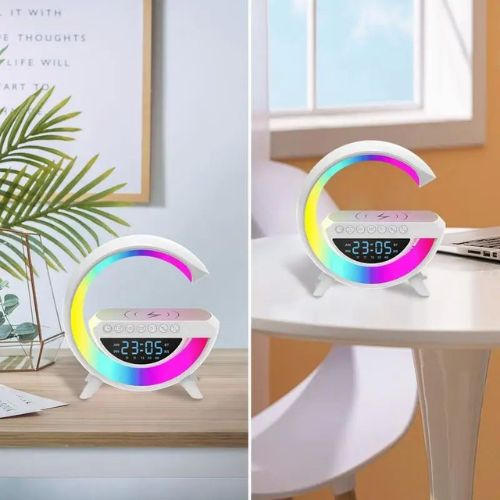 5-in-1 smart nightstand device featuring a speaker, lamp, wireless charger, clock, and alarm.