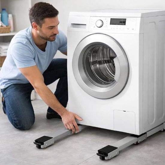 White adjustable appliance stand with wheels and locking brakes