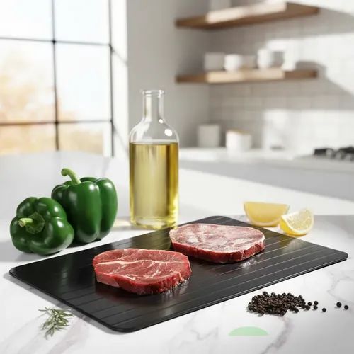 Aluminum defrosting tray that helps thaw frozen meat faster while preserving texture and flavor.