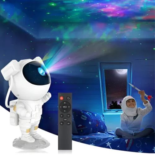 Astronaut projector lamp for kids rooms featuring colorful galaxy stars and space-inspired ambient lighting.