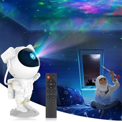 Astronaut projector lamp for kids rooms featuring colorful galaxy stars and space-inspired ambient lighting.
