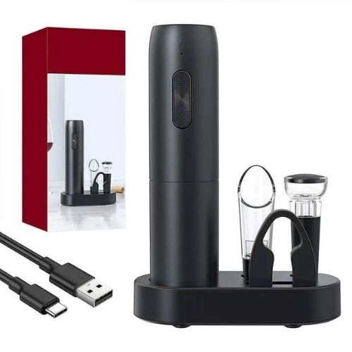 Automatic wine bottle opener with rechargeable power for easy and convenient wine serving.