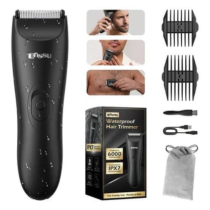 Body groomer for sensitive areas designed for controlled and convenient personal hair trimming.