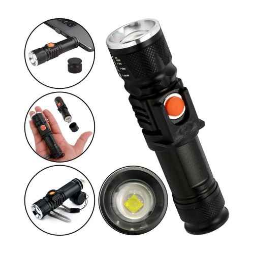 Camping rechargeable flashlight providing portable LED illumination for tents, trails, and outdoor adventures.