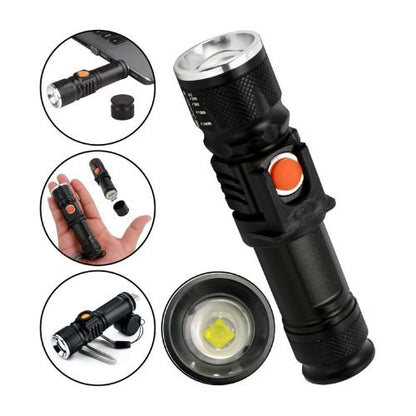 Camping rechargeable flashlight providing portable LED illumination for tents, trails, and outdoor adventures.