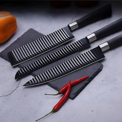 Colorful stainless steel kitchen knives with comfortable handles for convenient everyday food preparation.