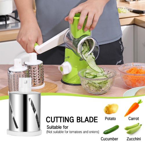 Compact kitchen vegetable prep tool for slicing, grating, and shredding a variety of fresh ingredients.