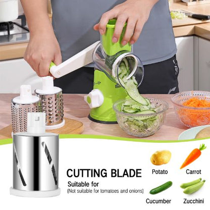 Compact kitchen vegetable prep tool for slicing, grating, and shredding a variety of fresh ingredients.