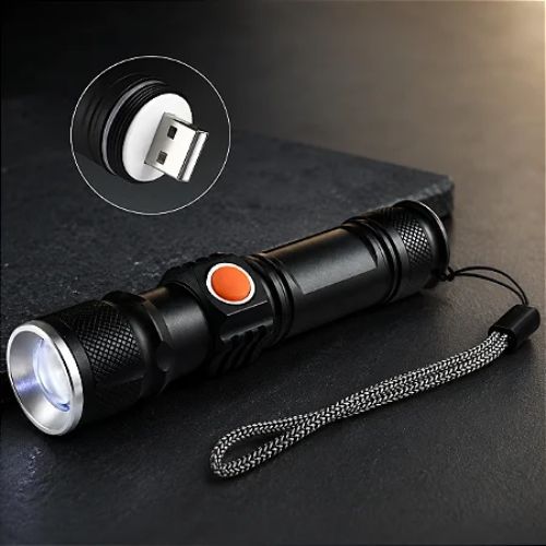 Compact USB rechargeable torch with portable design for home, travel, camping, and outdoor use.