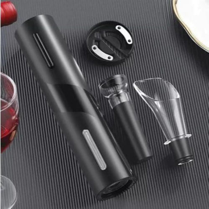 Complete 4-piece wine opener kit with electric corkscrew, foil cutter, wine pourer, and vacuum stopper.
