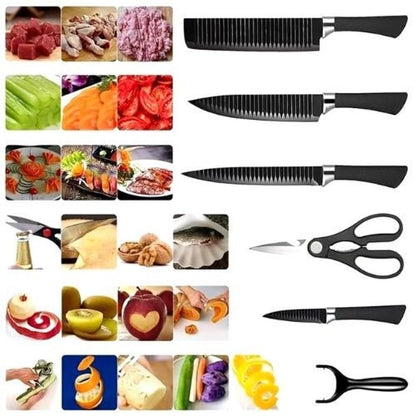 Complete stainless steel kitchen knife set with six versatile pieces for chopping, slicing, and cooking.