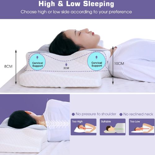 Contour memory foam pillow providing comfortable neck support for side, back, and stomach sleepers.
