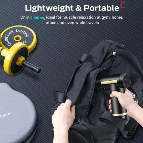 Portable rechargeable massage gun with a lightweight body that is easy to carry during travel or workouts.