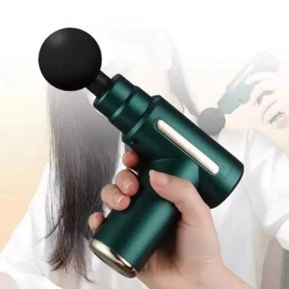 Cordless percussion massage gun with rechargeable battery for convenient use at home, the gym, or while traveling.