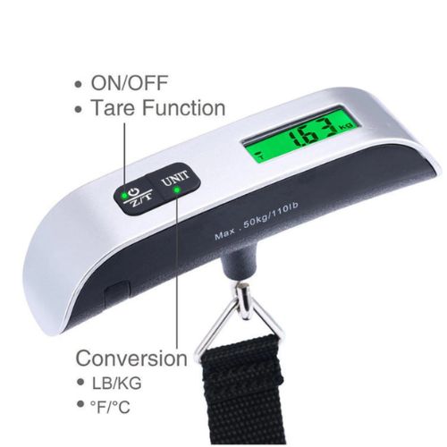 50kg portable weighing scale designed for luggage, bags, parcels, and other items.