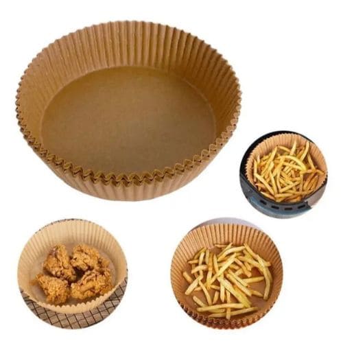 Disposable air fryer basket paper liners for protecting the cooking basket from grease and food residue.