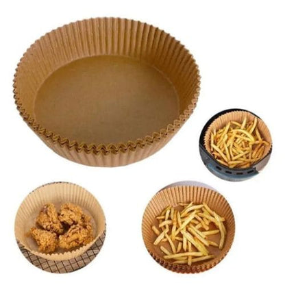 Disposable air fryer basket paper liners for protecting the cooking basket from grease and food residue.
