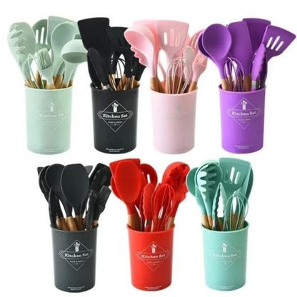 Durable silicone kitchen tool set designed for convenient cooking, food preparation, and serving.