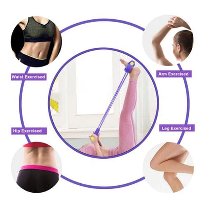 Elastic resistance tube workout equipment with handles and foot pedals for convenient full-body training.
