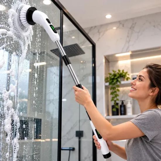 Electric cleaning brush with extension handle for reaching high surfaces