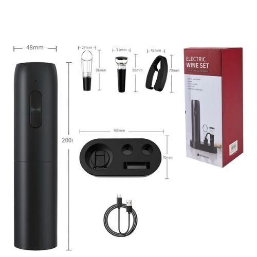 Electric corkscrew with wine pourer for effortless bottle opening and smoother wine serving.