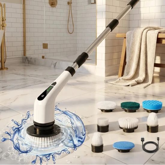 Electric spin scrubber with interchangeable cleaning brush heads
