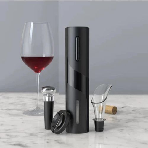 4-piece electric wine opener set with USB rechargeable corkscrew and wine accessories.