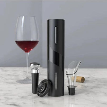 4-piece electric wine opener set with USB rechargeable corkscrew and wine accessories.