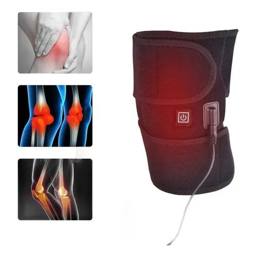 Ergonomic heated knee support with wrap-around design for a secure and comfortable fit.