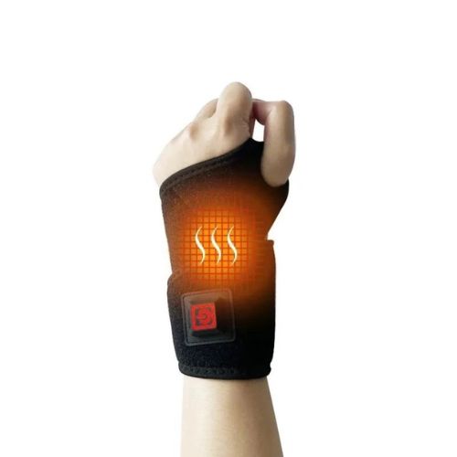 Ergonomic USB heated wrist support with soft fabric and three selectable heat settings.