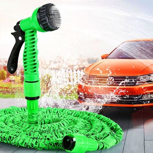 Expandable garden hose with 7 spray modes for watering plants, washing vehicles, and outdoor cleaning.