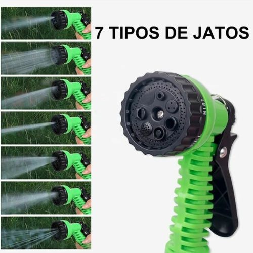 Expandable hose with spray nozzle offering multiple water patterns for gardening and outdoor cleaning.