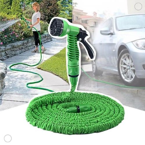 FlexFlow expandable garden hose with 7 spray modes for versatile outdoor watering and cleaning.