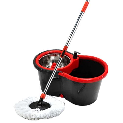 Floor mop bucket with spinner designed to wring the mop efficiently while reducing manual effort.