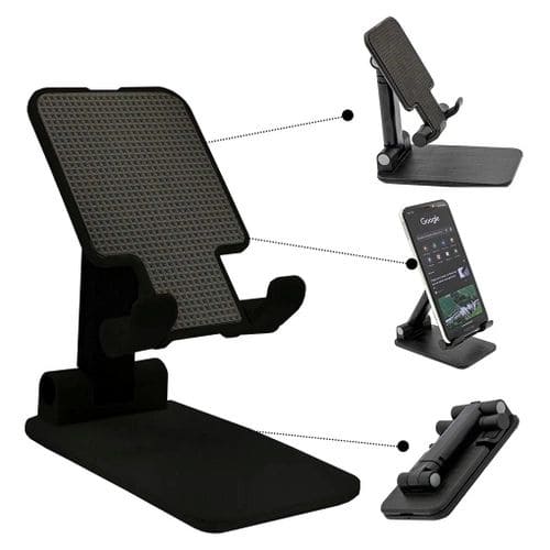 Foldable tablet holder for travel with a lightweight compact design that fits easily into a bag.