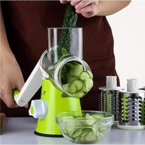 Hand-crank vegetable cutter designed for quick and convenient slicing and grating in the kitchen.
