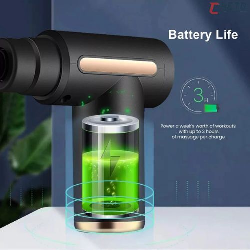 Handheld electric massage gun with ergonomic design for convenient muscle massage at home or on the go.