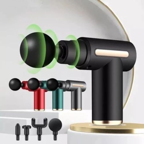 Handheld percussion massager for muscles with adjustable intensity and interchangeable massage heads.