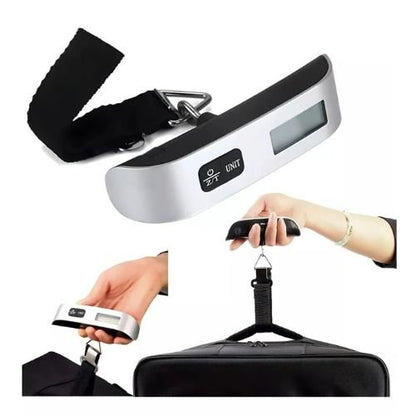 Hanging scale for travel luggage with a compact design for convenient baggage weight measurement.