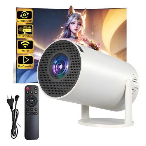HY300 Pro smart projector with Android 11, WiFi, Bluetooth, and portable home theater design.